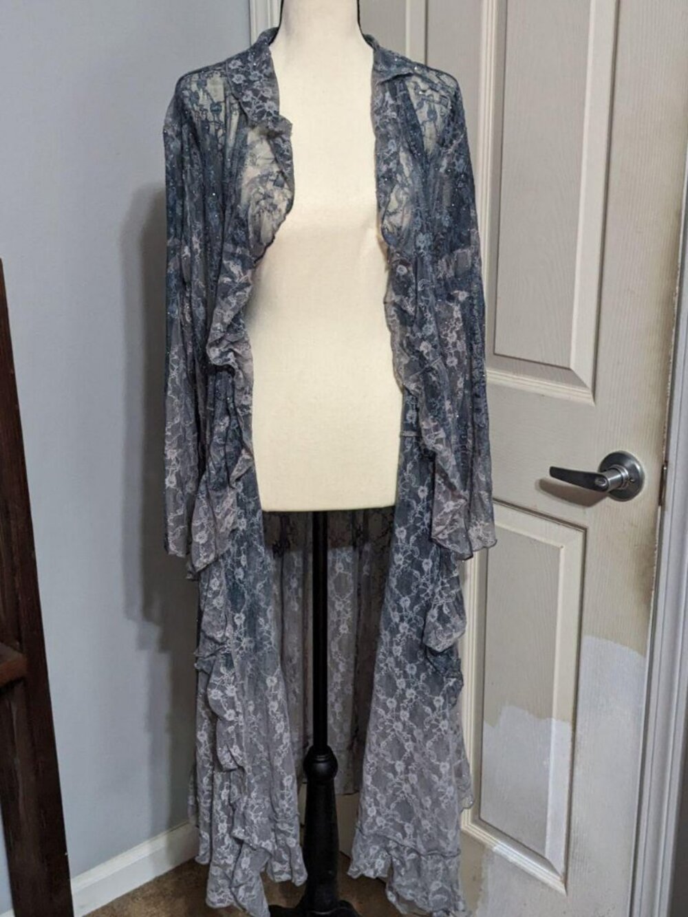 Origami Sheer Floral Lace Ruffle Duster Cardigan Slate Blue XXL Whimsigoth - Picture 2 of 6